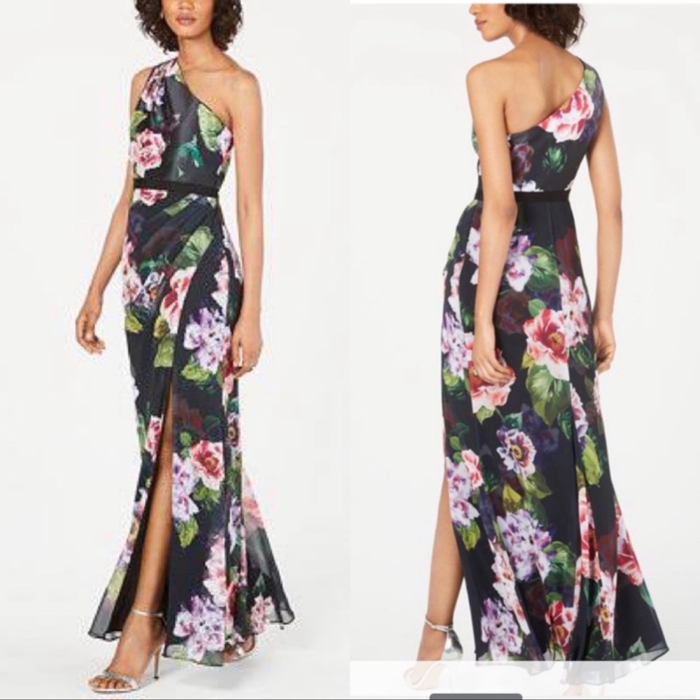 NWT ADRIANNA PAPELL Black Sleeveless Floral One shoulder Maxi Sheath Dress Sz 8